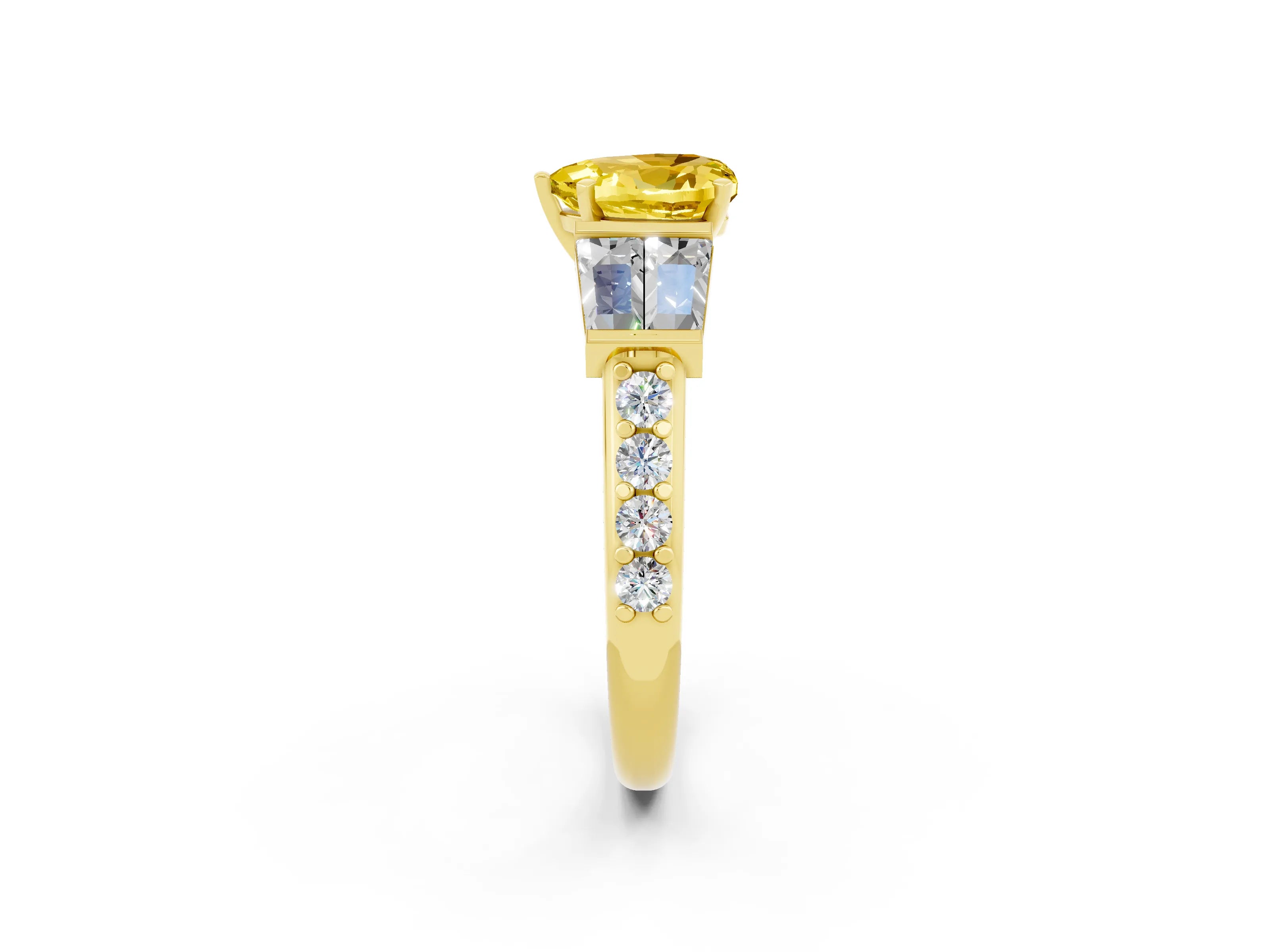 Yellow gold Heart Cut Yellow Sapphire Engagement Ring with Baguette Side Stones and Channel Set Band_2
