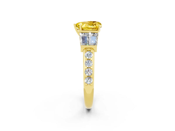 Yellow gold Heart Cut Yellow Sapphire Engagement Ring with Baguette Side Stones and Channel Set Band
