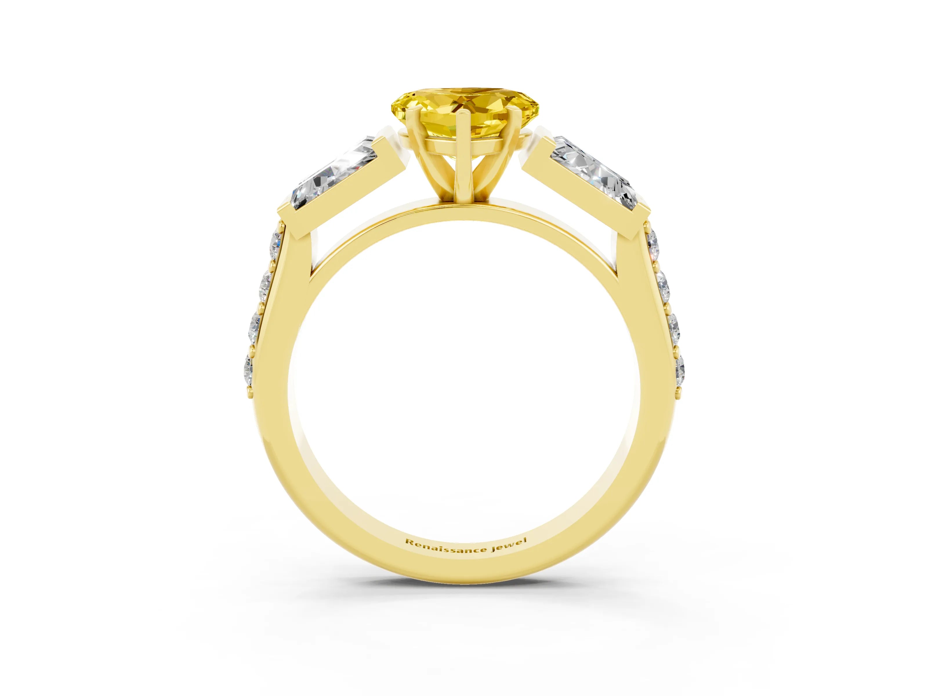 Yellow gold Heart Cut Yellow Sapphire Engagement Ring with Baguette Side Stones and Channel Set Band_3