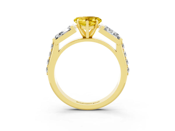 Yellow gold Heart Cut Yellow Sapphire Engagement Ring with Baguette Side Stones and Channel Set Band
