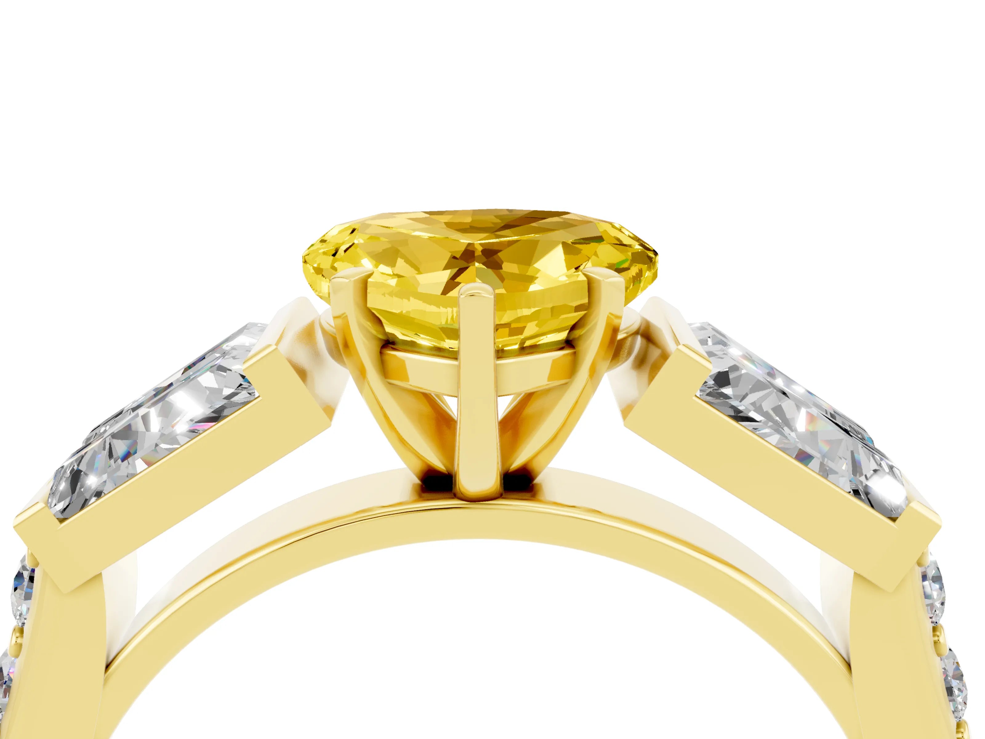 Yellow gold Heart Cut Yellow Sapphire Engagement Ring with Baguette Side Stones and Channel Set Band_4