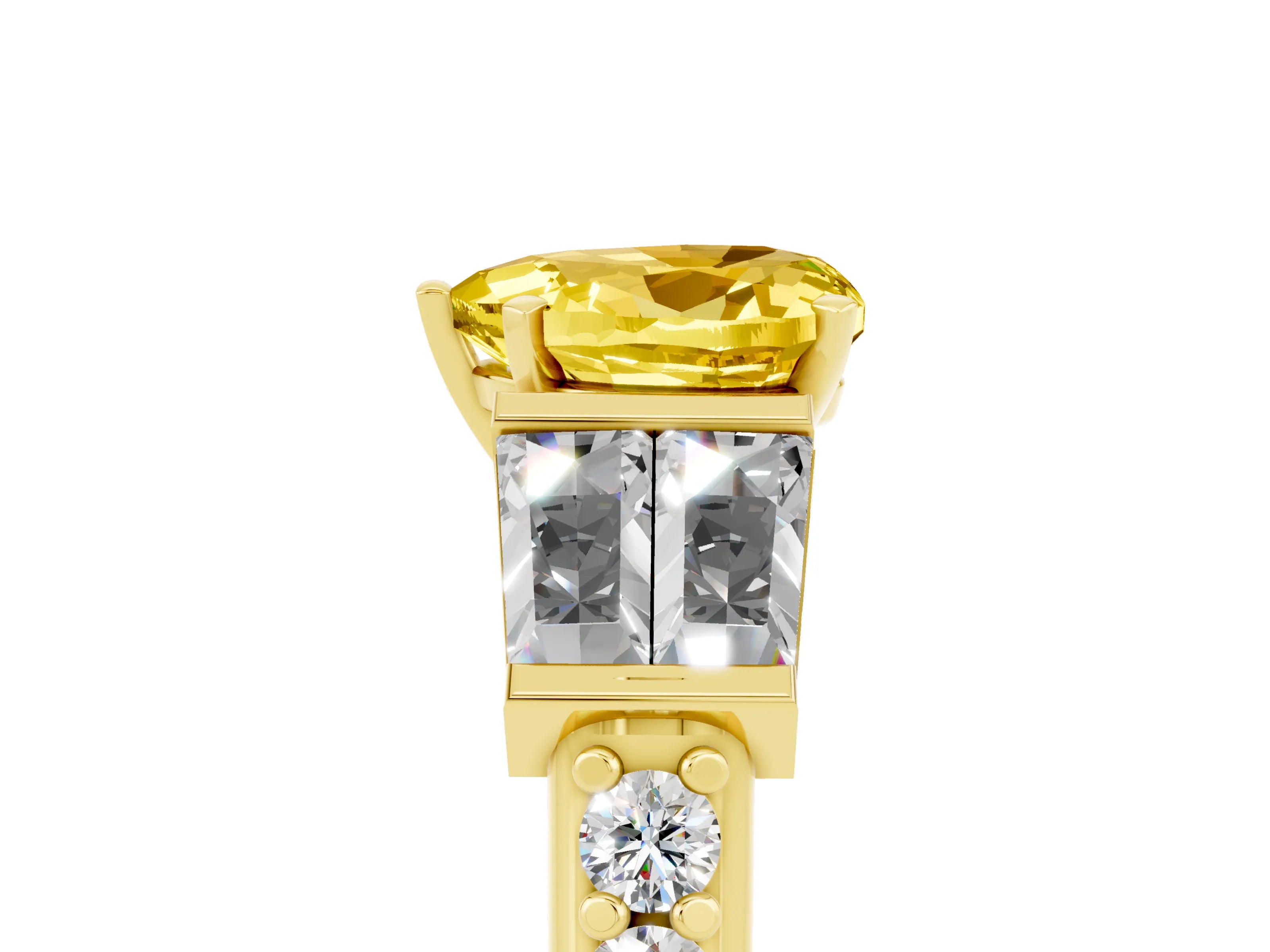 Yellow gold Heart Cut Yellow Sapphire Engagement Ring with Baguette Side Stones and Channel Set Band_5