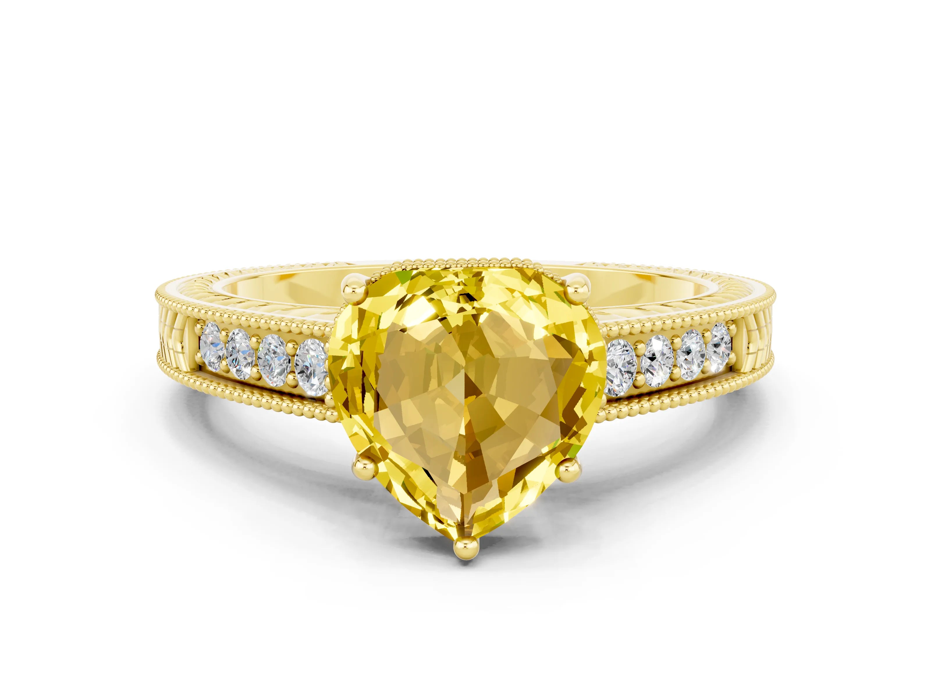 Yellow gold Heart Cut Yellow Sapphire Engagement Ring with Milgrain Channel Set Band and Prong Setting_24
