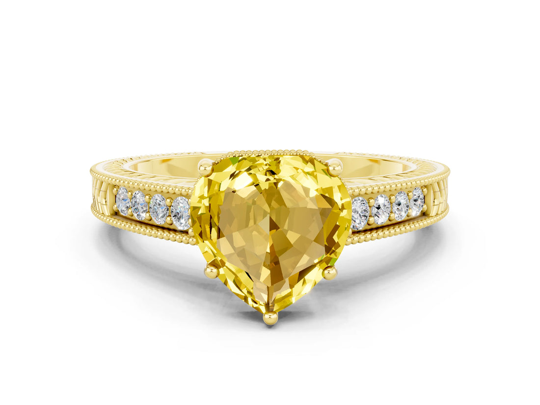 Yellow gold Heart Cut Yellow Sapphire Engagement Ring with Milgrain Channel Set Band and Prong Setting_24