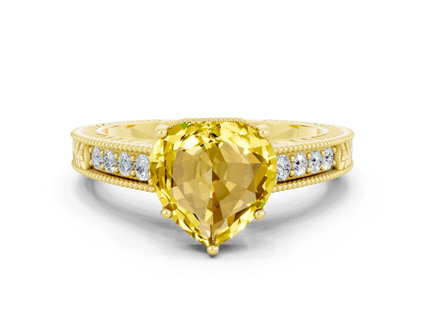 Yellow gold Heart Cut Yellow Sapphire Engagement Ring with Milgrain Channel Set Band and Prong Setting