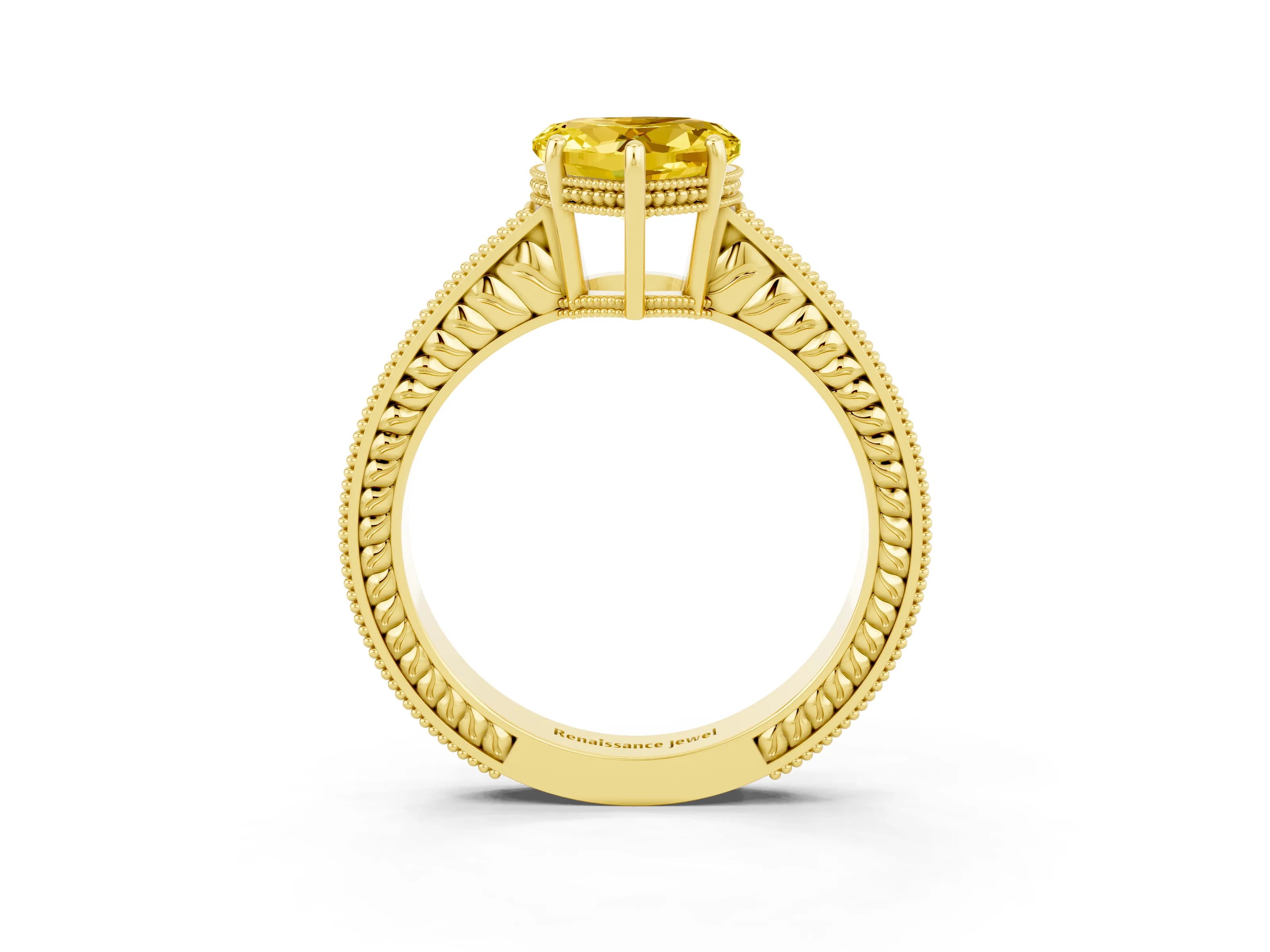 Yellow gold Heart Cut Yellow Sapphire Engagement Ring with Milgrain Channel Set Band and Prong Setting_27