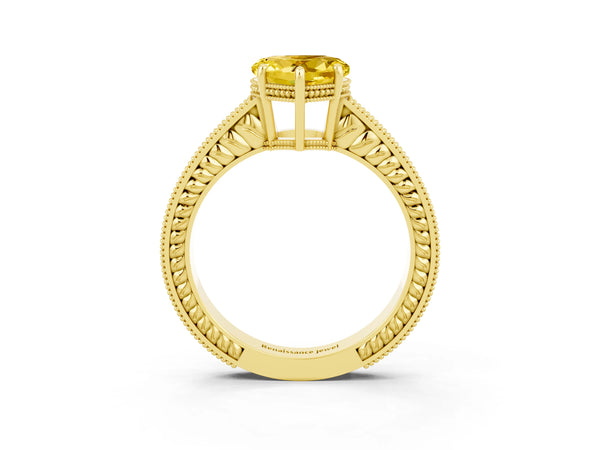 Yellow gold Heart Cut Yellow Sapphire Engagement Ring with Milgrain Channel Set Band and Prong Setting
