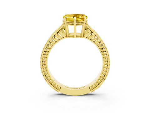 Yellow gold Heart Cut Yellow Sapphire Engagement Ring with Milgrain Channel Set Band and Prong Setting_27