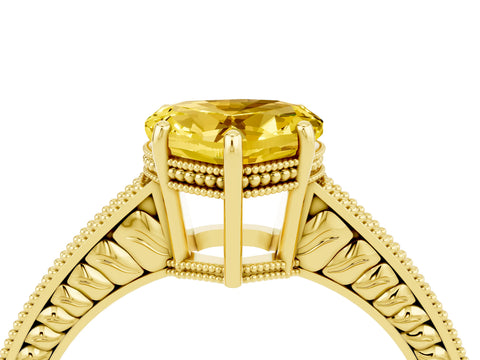 Yellow gold Heart Cut Yellow Sapphire Engagement Ring with Milgrain Channel Set Band and Prong Setting_28