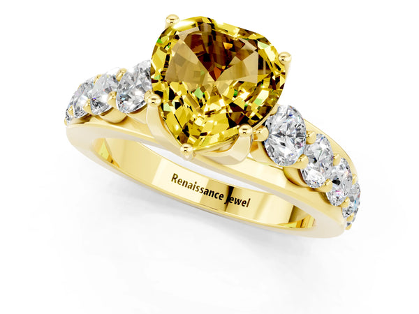 Yellow gold Heart Cut Yellow Sapphire Engagement Ring with Pavé Band and Four-Prong Setting