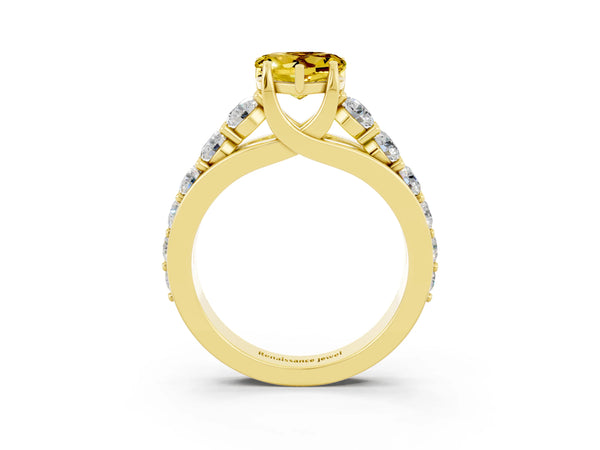 Yellow gold Heart Cut Yellow Sapphire Engagement Ring with Pavé Band and Four-Prong Setting