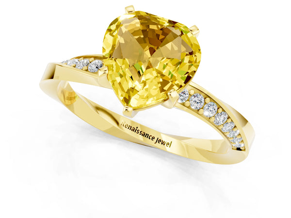 Yellow gold Heart Cut Yellow Sapphire Engagement Ring with Side Stone Accents and Four-Prong Setting