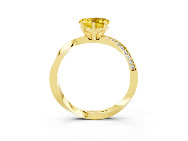 Yellow gold Heart Cut Yellow Sapphire Engagement Ring with Side Stone Accents and Four-Prong Setting
