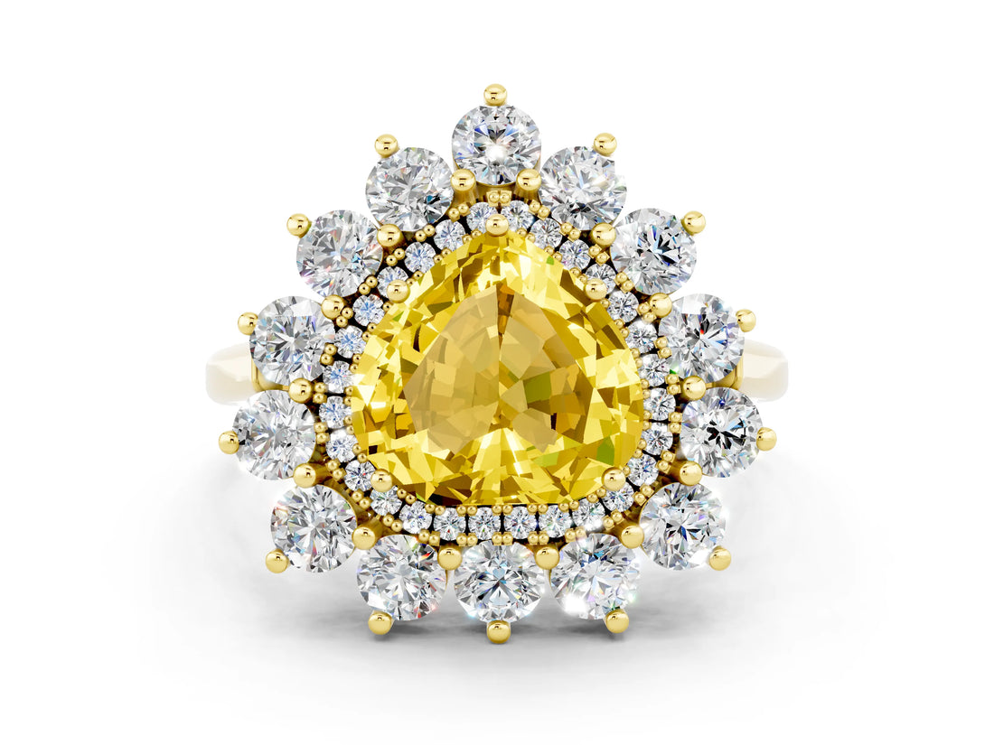 Yellow gold Heart Cut Yellow Sapphire Floral Double Halo Engagement Ring with Prong Setting_60