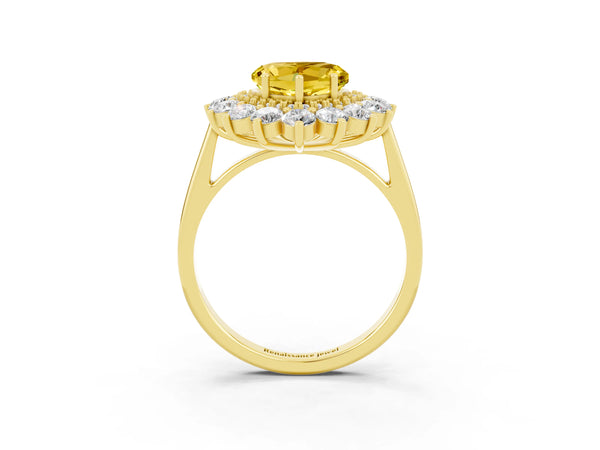 Yellow gold Heart Cut Yellow Sapphire Floral Double Halo Engagement Ring with Prong Setting