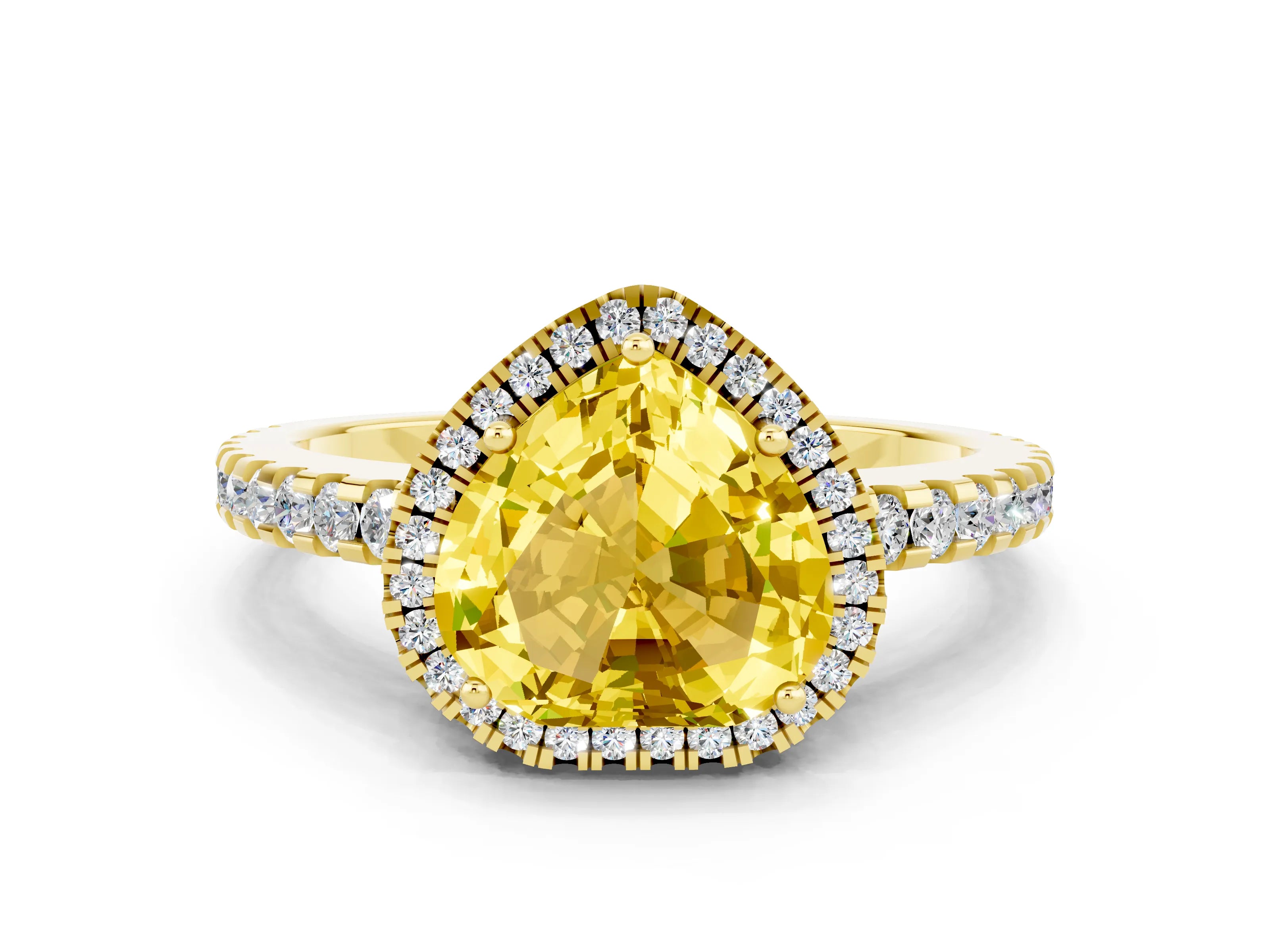 Yellow gold Heart Cut Yellow Sapphire Halo Engagement Ring with Pavé Band and Prong Setting_12