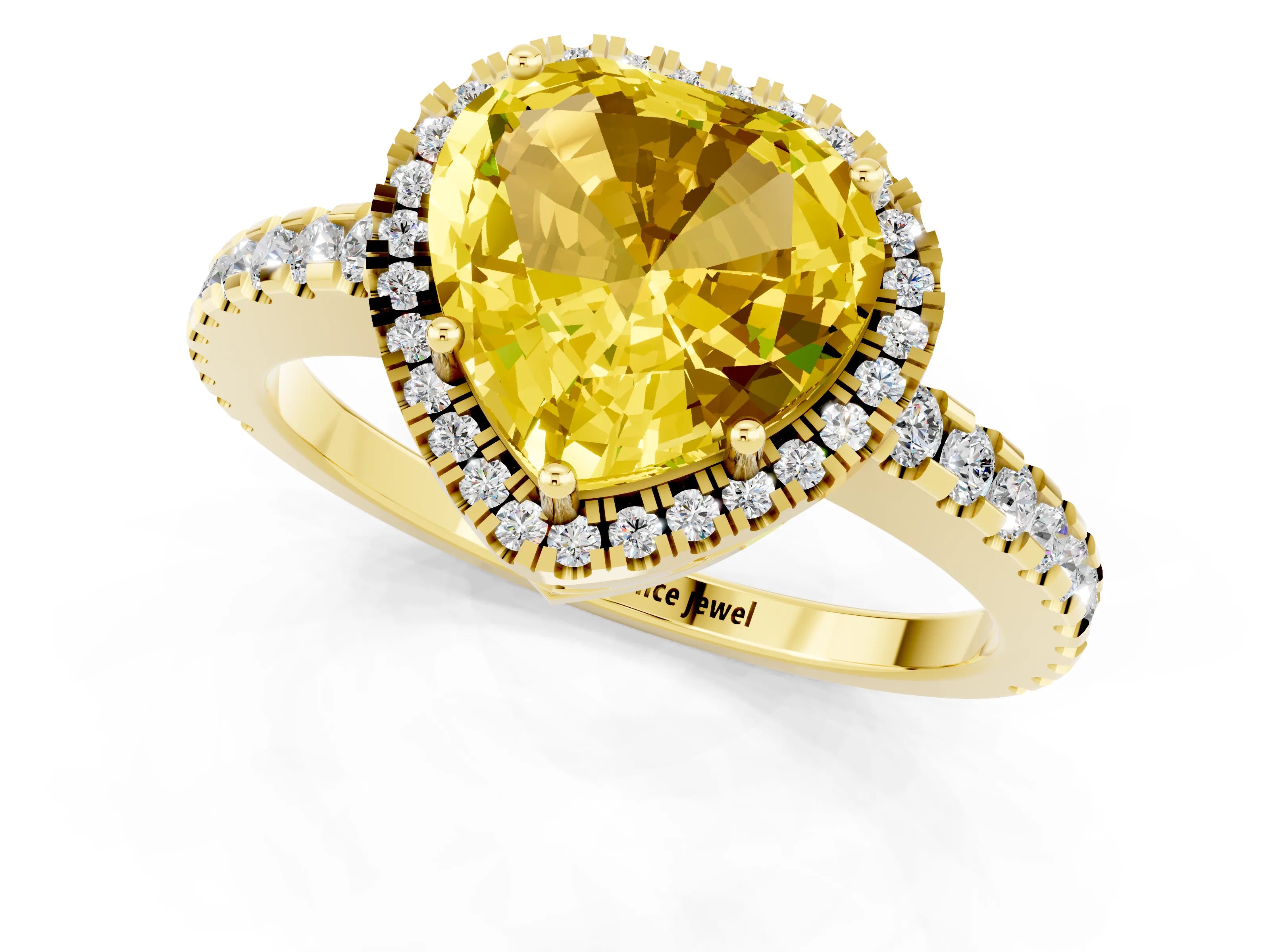 Yellow gold Heart Cut Yellow Sapphire Halo Engagement Ring with Pavé Band and Prong Setting_13