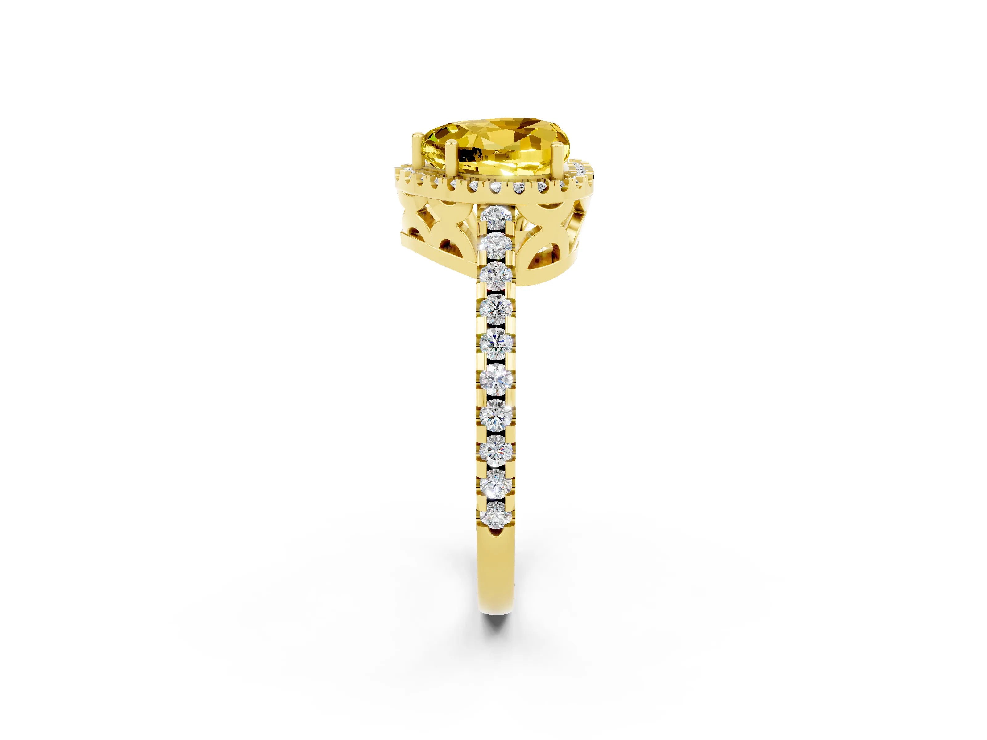 Yellow gold Heart Cut Yellow Sapphire Halo Engagement Ring with Pavé Band and Prong Setting_14