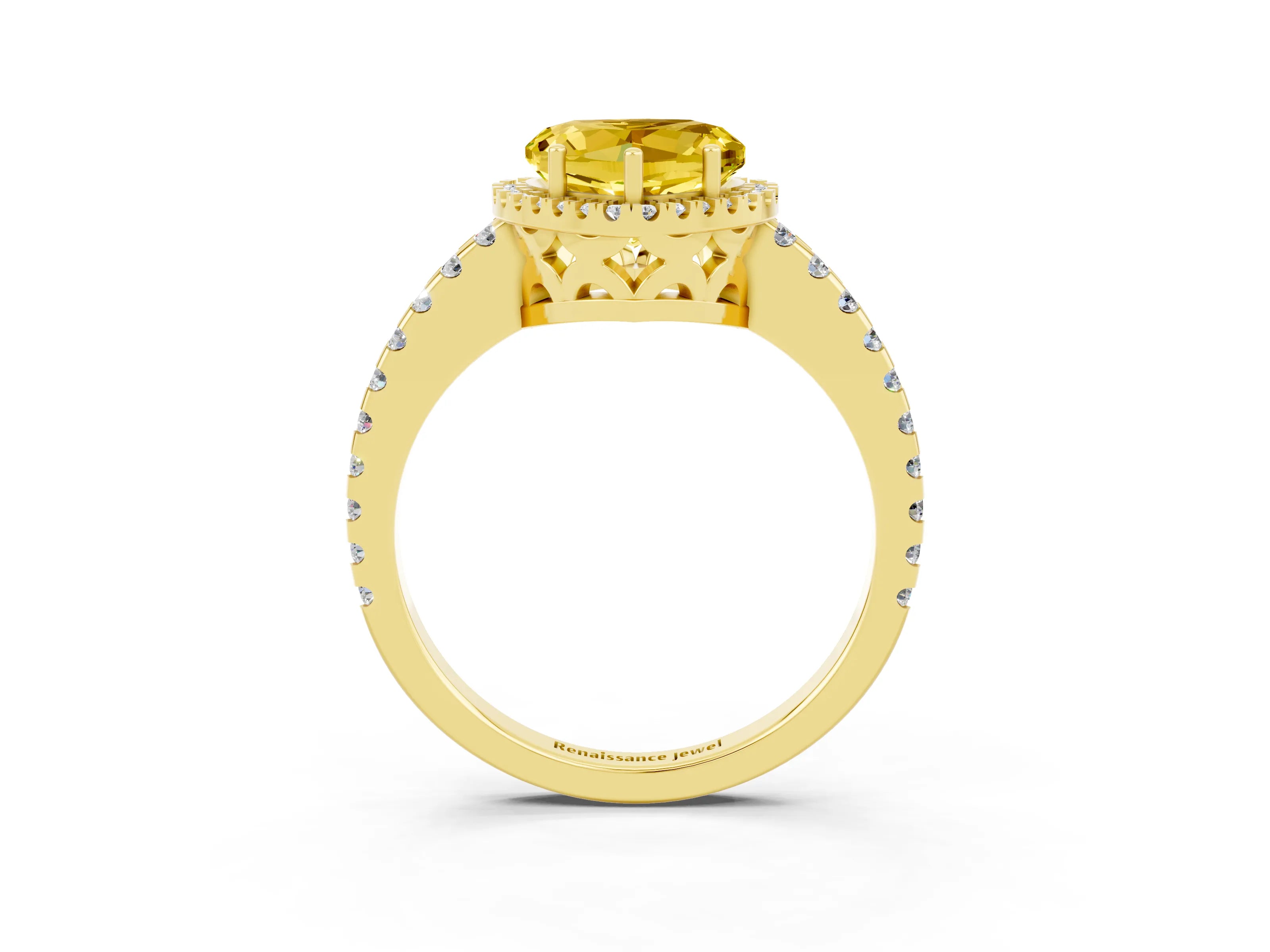 Yellow gold Heart Cut Yellow Sapphire Halo Engagement Ring with Pavé Band and Prong Setting_15