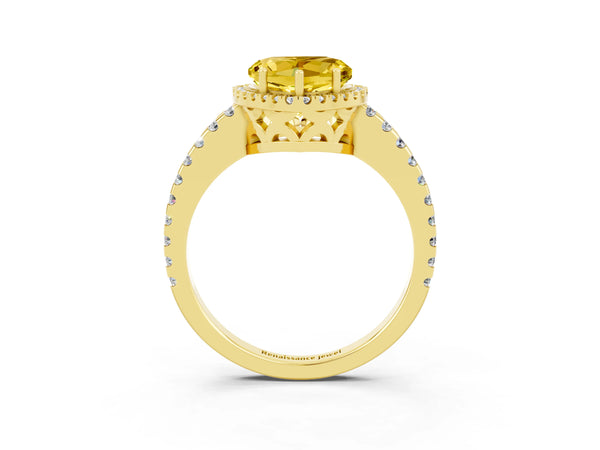 Yellow gold Heart Cut Yellow Sapphire Halo Engagement Ring with Pavé Band and Prong Setting