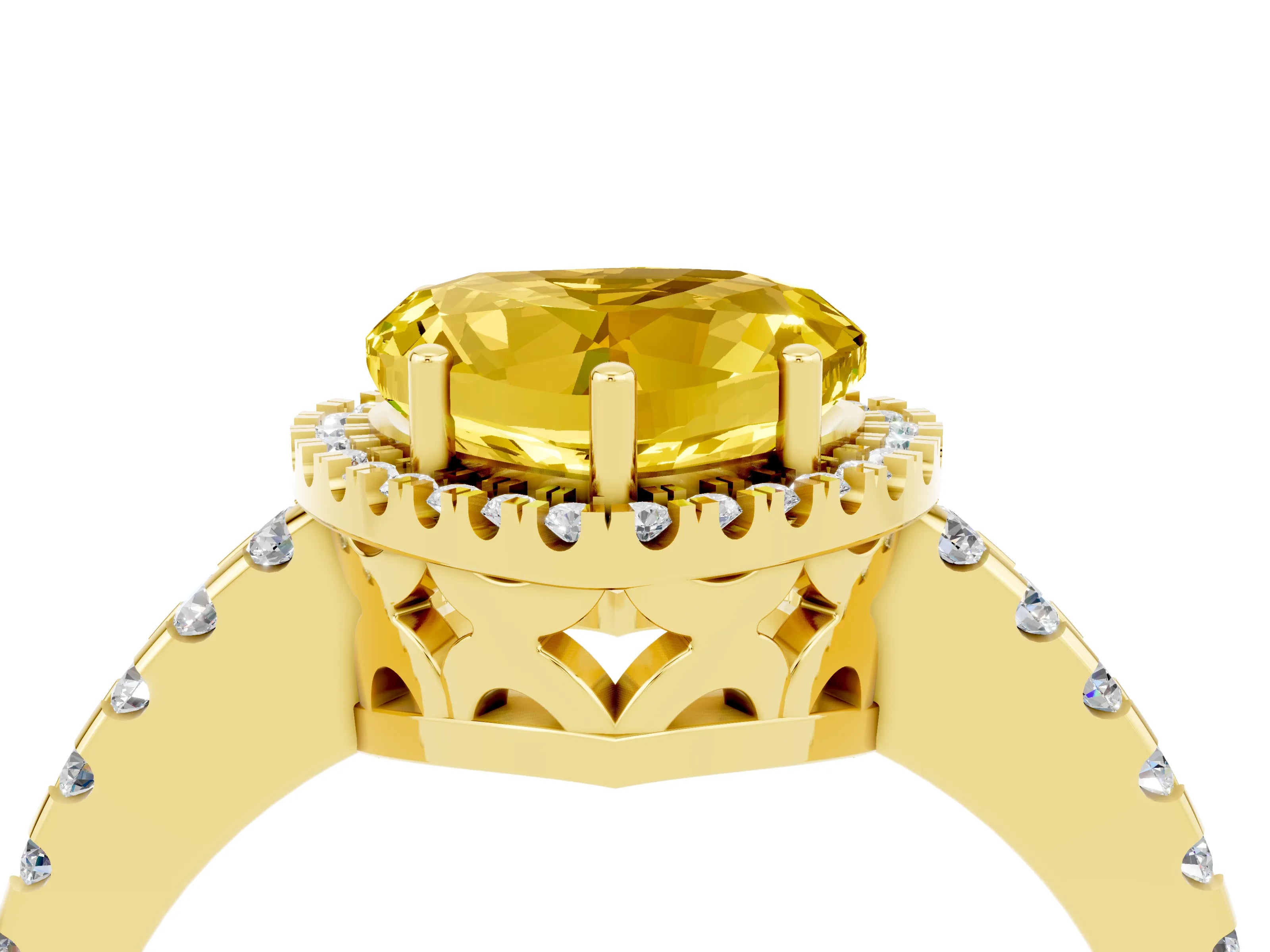 Yellow gold Heart Cut Yellow Sapphire Halo Engagement Ring with Pavé Band and Prong Setting_16