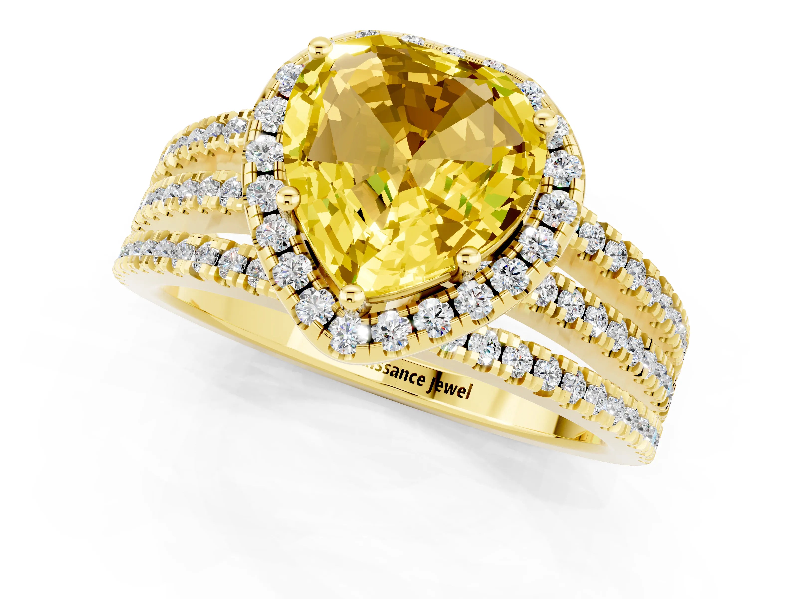 Yellow gold Heart Cut Yellow Sapphire Halo Engagement Ring with Split Shank and Four-Prong Setting_1