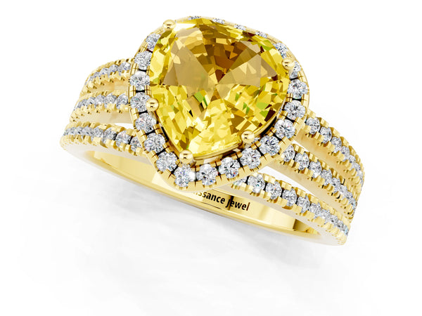Yellow gold Heart Cut Yellow Sapphire Halo Engagement Ring with Split Shank and Four-Prong Setting