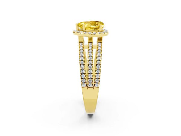 Yellow gold Heart Cut Yellow Sapphire Halo Engagement Ring with Split Shank and Four-Prong Setting