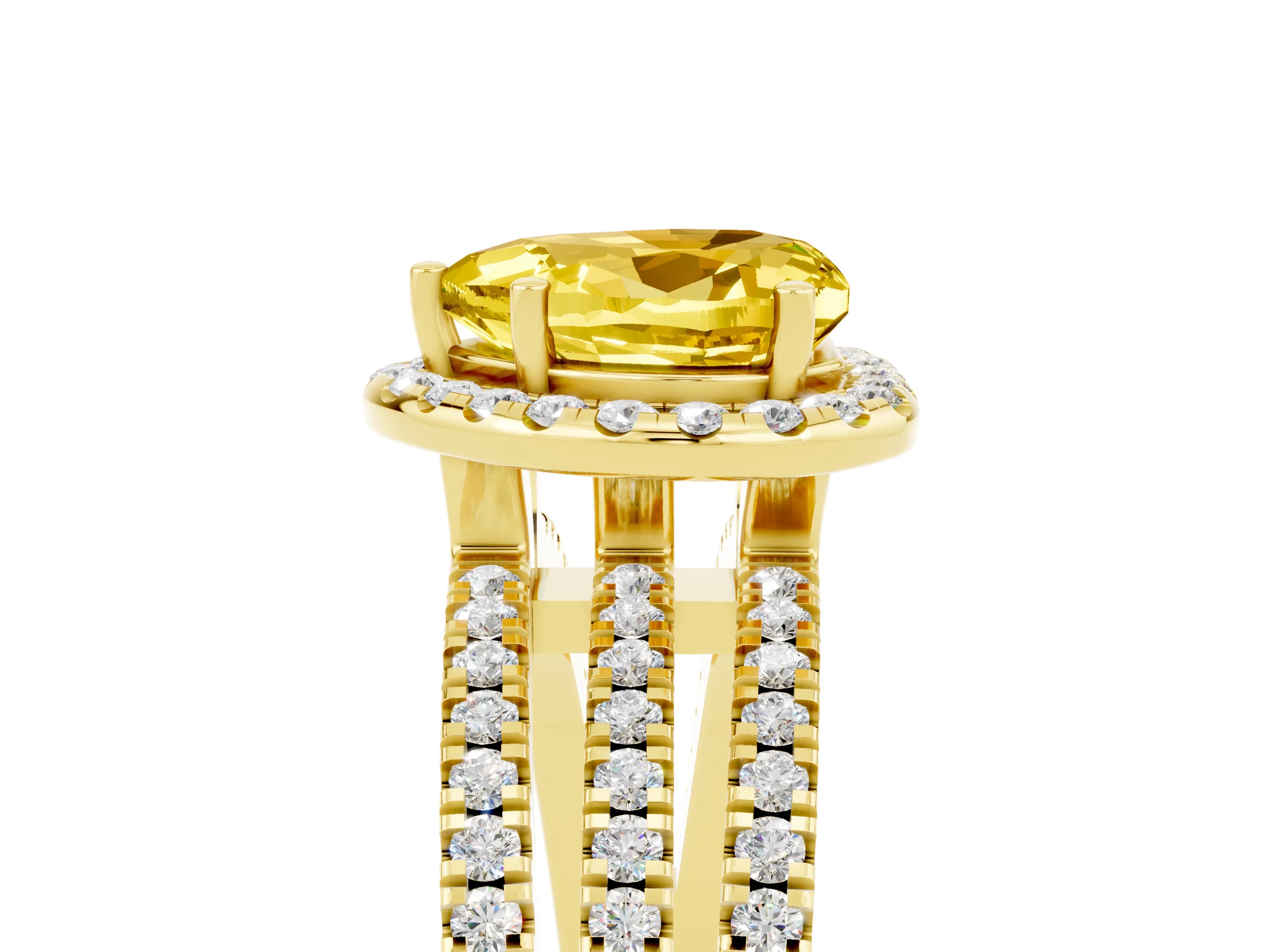 Yellow gold Heart Cut Yellow Sapphire Halo Engagement Ring with Split Shank and Four-Prong Setting_5
