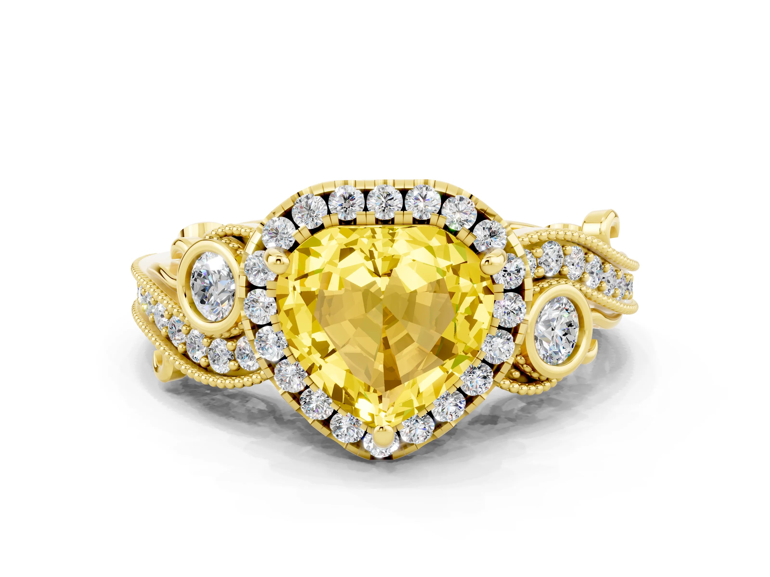 Yellow gold Heart Cut Yellow Sapphire Halo Ring with Milgrain Pavé Band and Four-Prong Setting_12