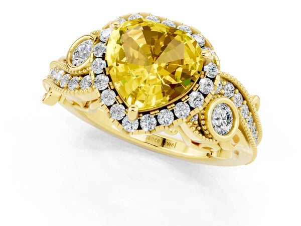 Yellow gold Heart Cut Yellow Sapphire Halo Ring with Milgrain Pavé Band and Four-Prong Setting