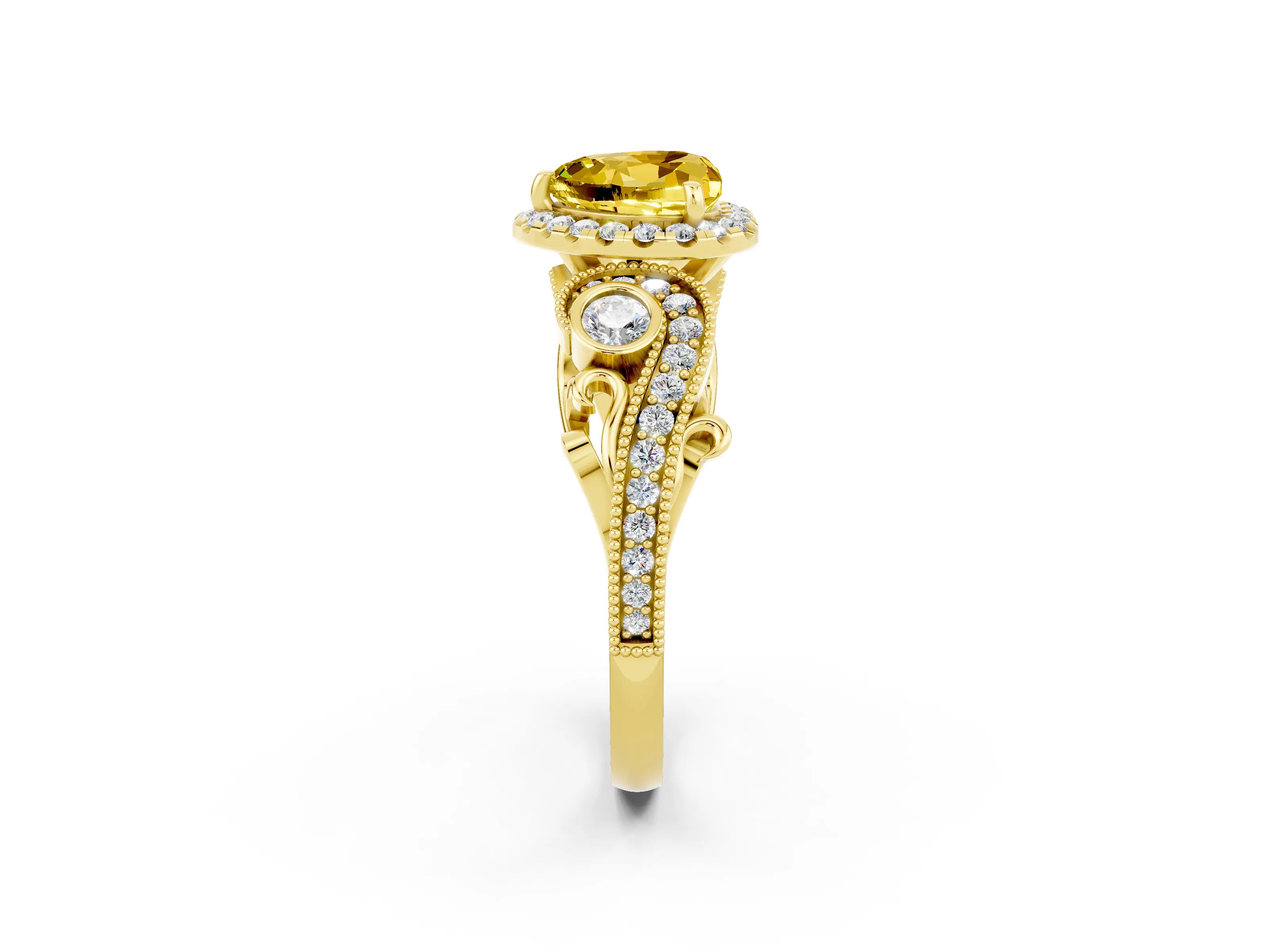 Yellow gold Heart Cut Yellow Sapphire Halo Ring with Milgrain Pavé Band and Four-Prong Setting_14