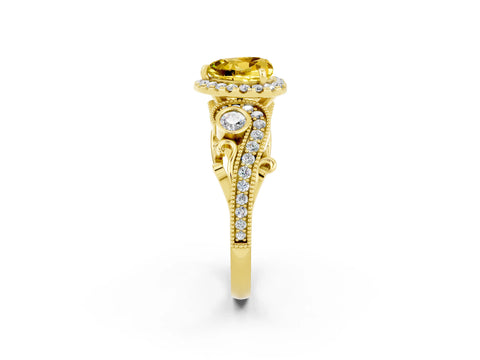Yellow gold Heart Cut Yellow Sapphire Halo Ring with Milgrain Pavé Band and Four-Prong Setting_14