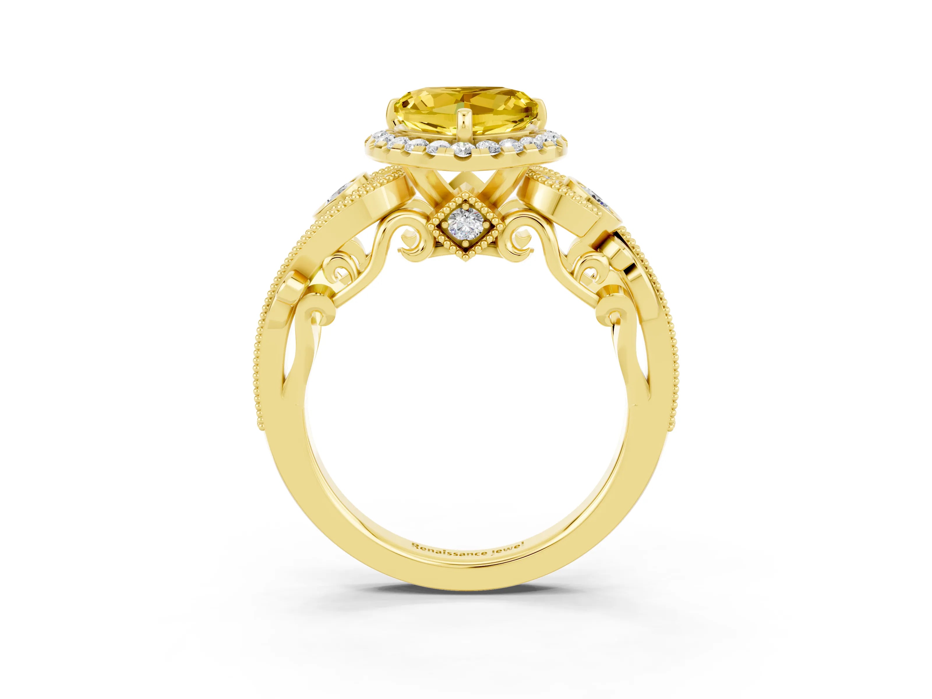 Yellow gold Heart Cut Yellow Sapphire Halo Ring with Milgrain Pavé Band and Four-Prong Setting_15