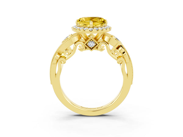 Yellow gold Heart Cut Yellow Sapphire Halo Ring with Milgrain Pavé Band and Four-Prong Setting