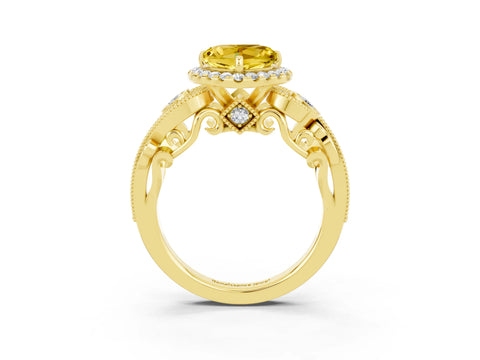 Yellow gold Heart Cut Yellow Sapphire Halo Ring with Milgrain Pavé Band and Four-Prong Setting_15