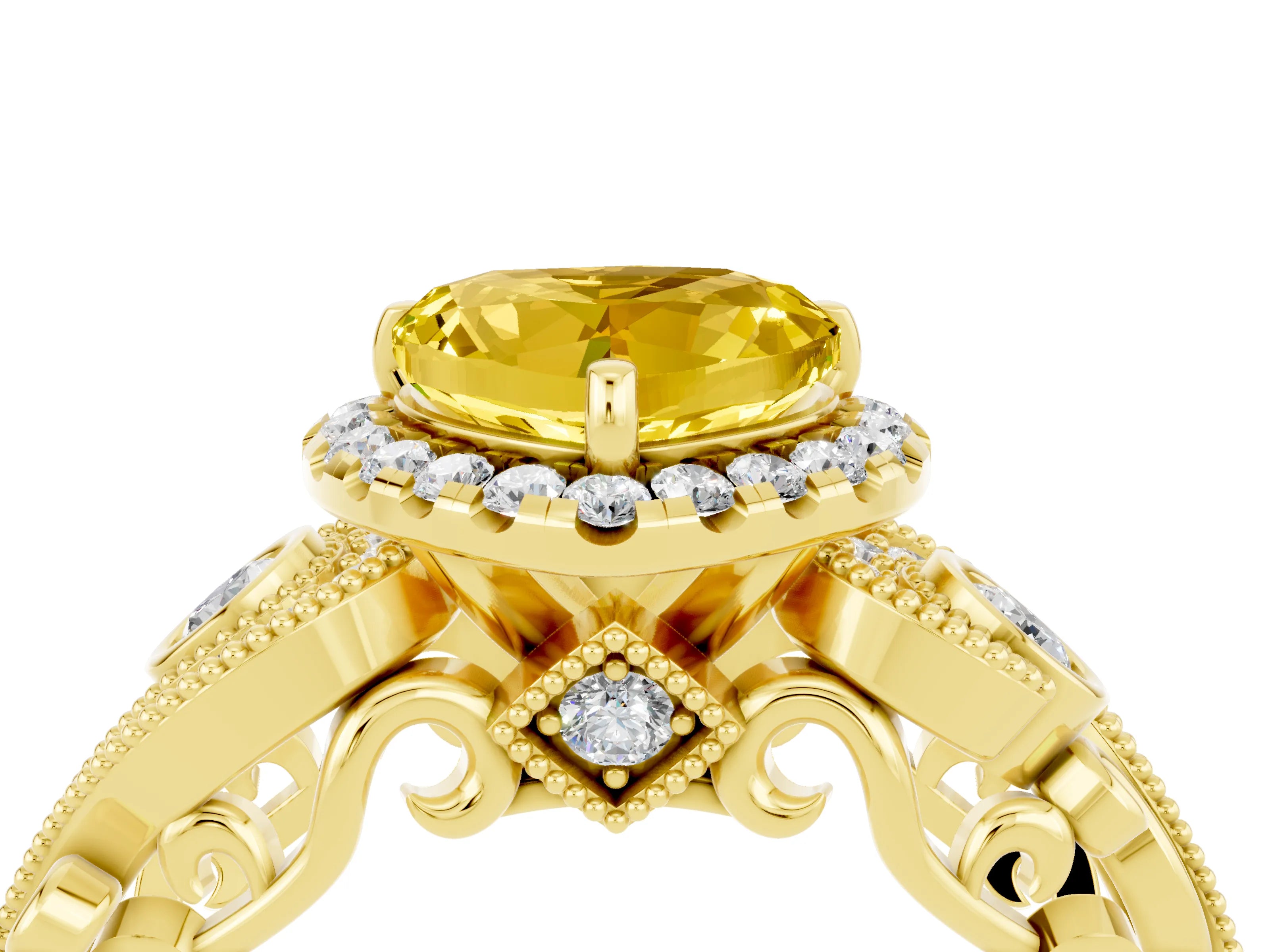 Yellow gold Heart Cut Yellow Sapphire Halo Ring with Milgrain Pavé Band and Four-Prong Setting_16