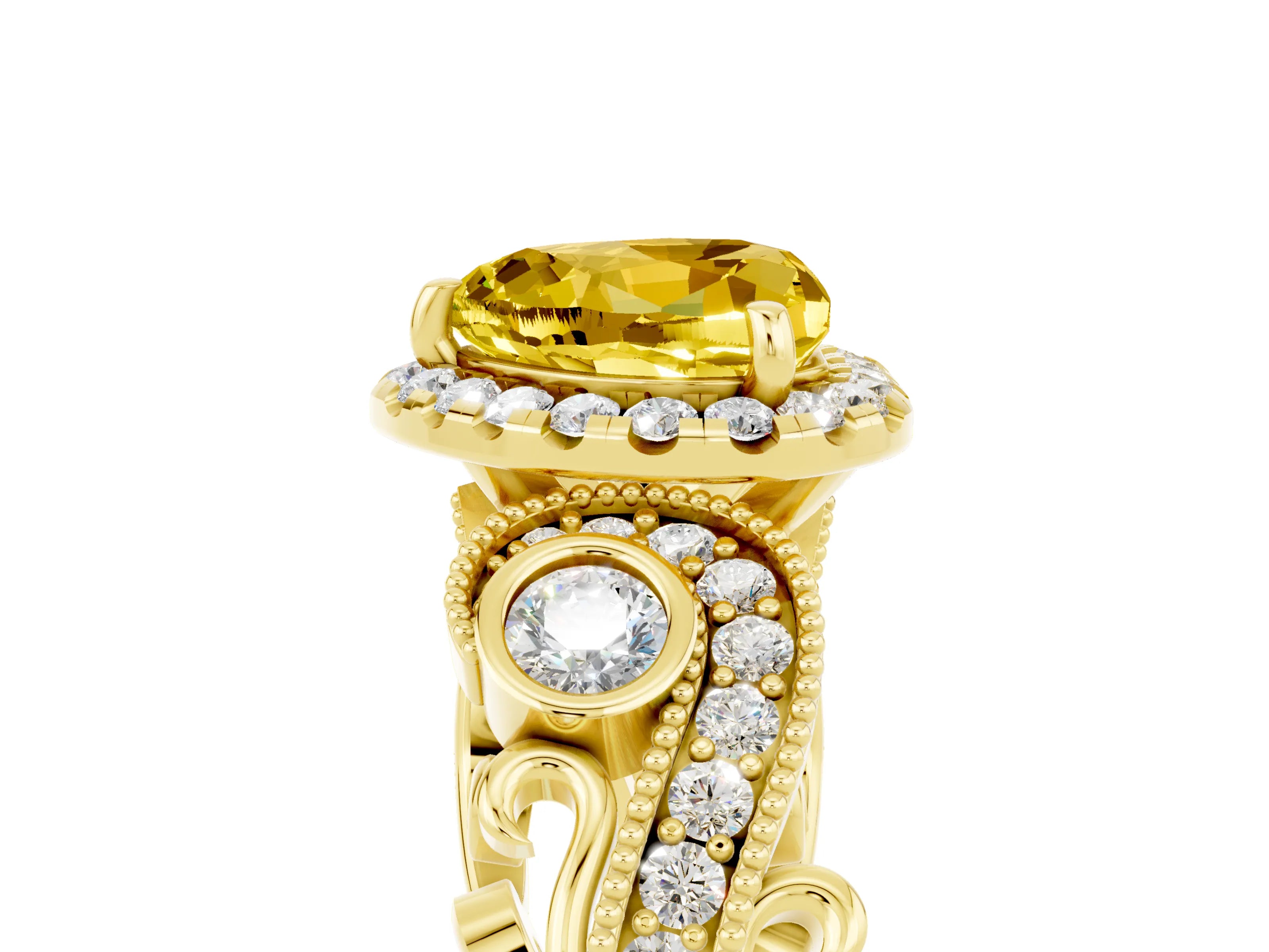 Yellow gold Heart Cut Yellow Sapphire Halo Ring with Milgrain Pavé Band and Four-Prong Setting_17
