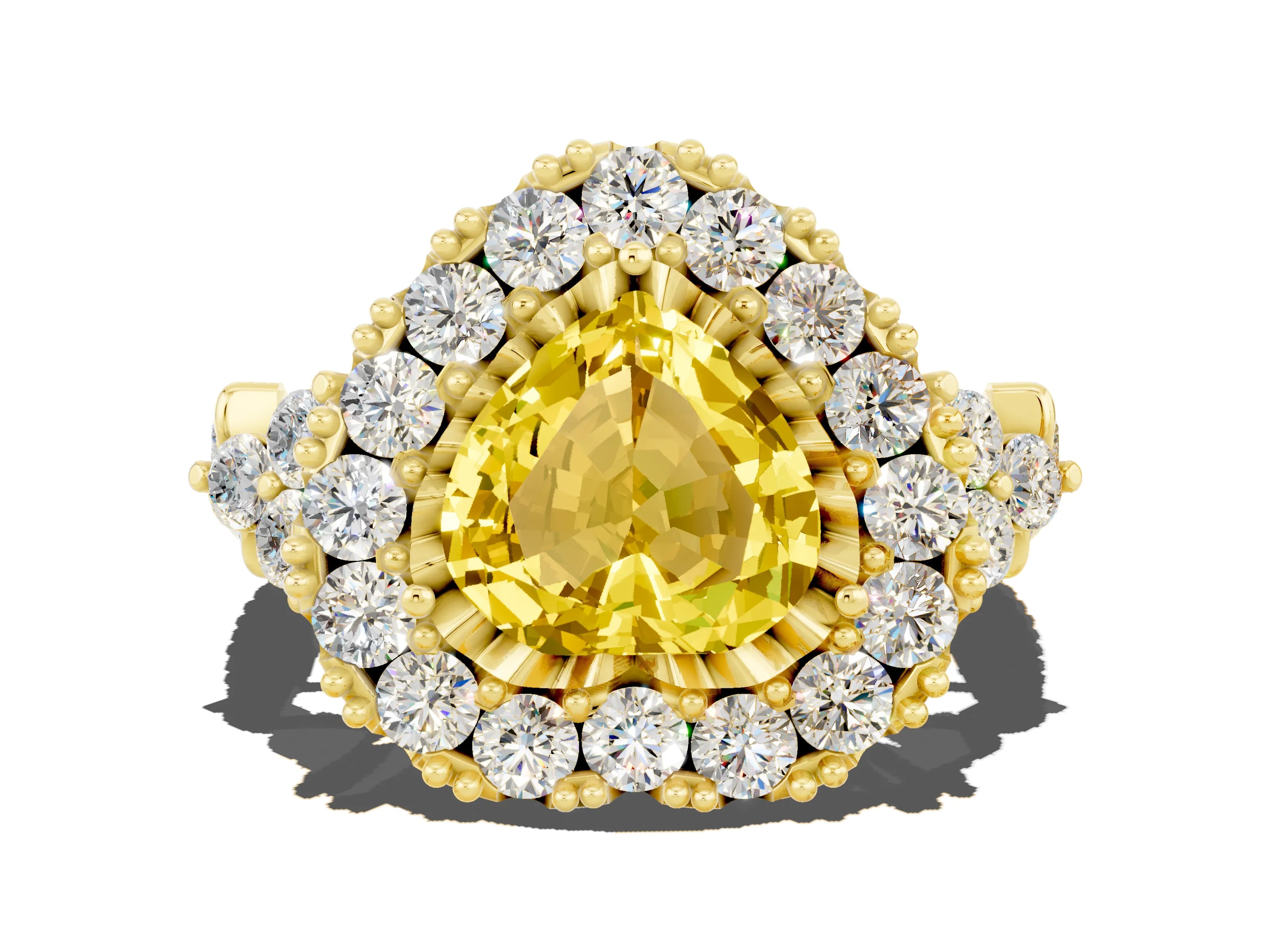 Yellow gold Heart Cut Yellow Sapphire Halo Ring with Pavé Band and Four-Prong Setting_12