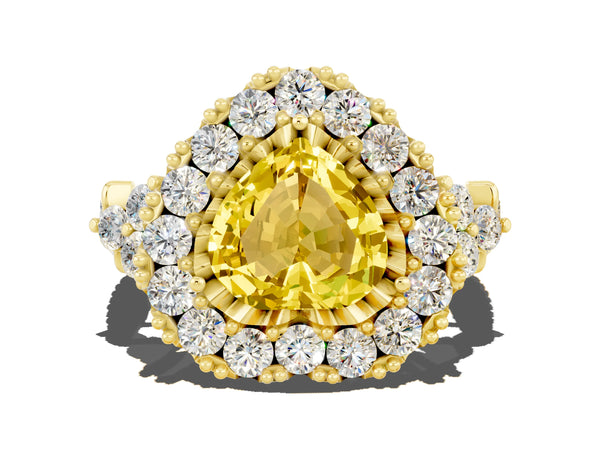 Yellow gold Heart Cut Yellow Sapphire Halo Ring with Pavé Band and Four-Prong Setting