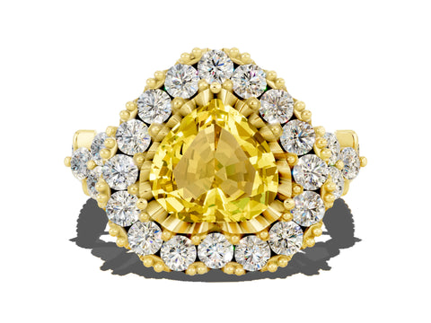 Yellow gold Heart Cut Yellow Sapphire Halo Ring with Pavé Band and Four-Prong Setting_12