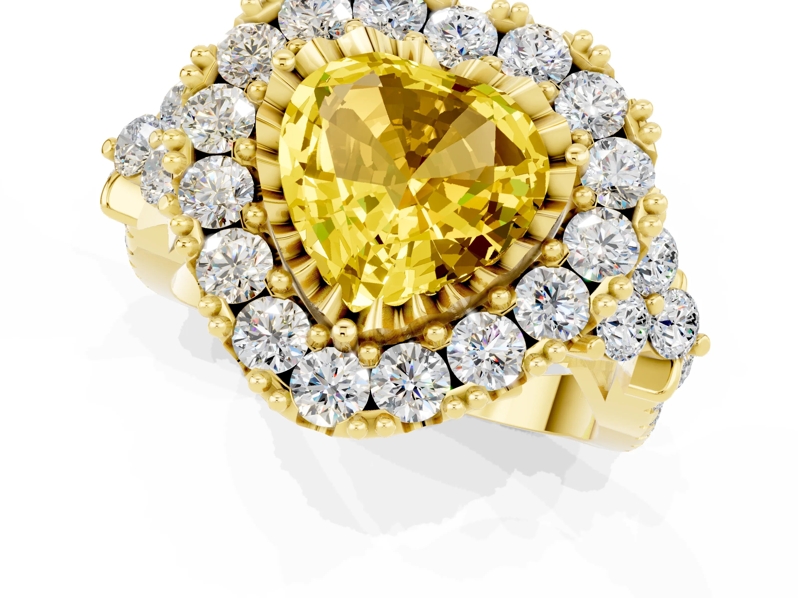 Yellow gold Heart Cut Yellow Sapphire Halo Ring with Pavé Band and Four-Prong Setting_13