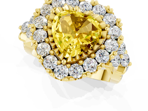 Yellow gold Heart Cut Yellow Sapphire Halo Ring with Pavé Band and Four-Prong Setting