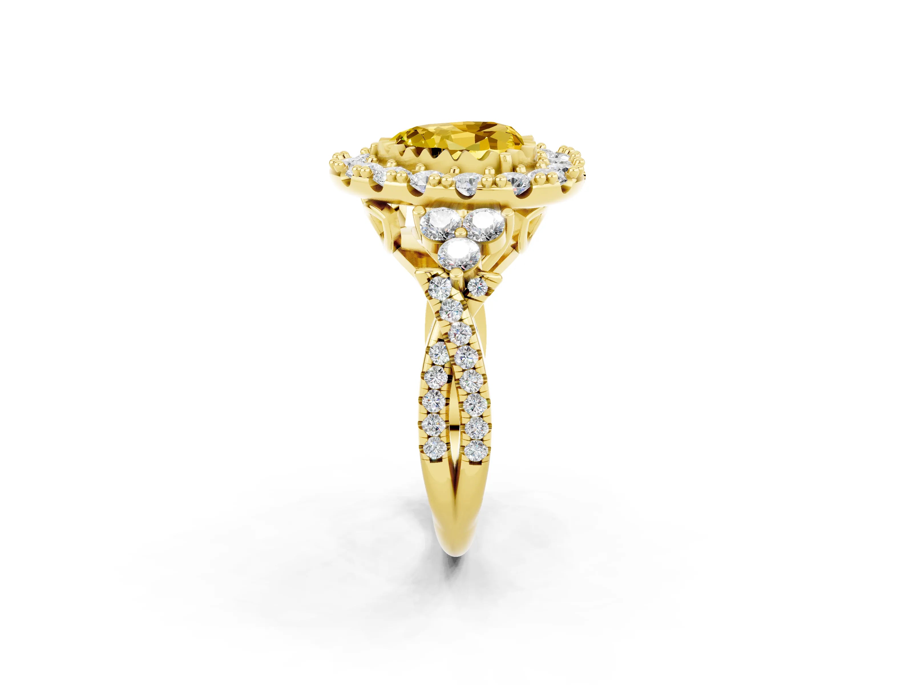Yellow gold Heart Cut Yellow Sapphire Halo Ring with Pavé Band and Four-Prong Setting_14