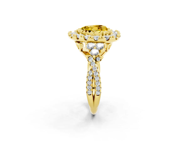 Yellow gold Heart Cut Yellow Sapphire Halo Ring with Pavé Band and Four-Prong Setting