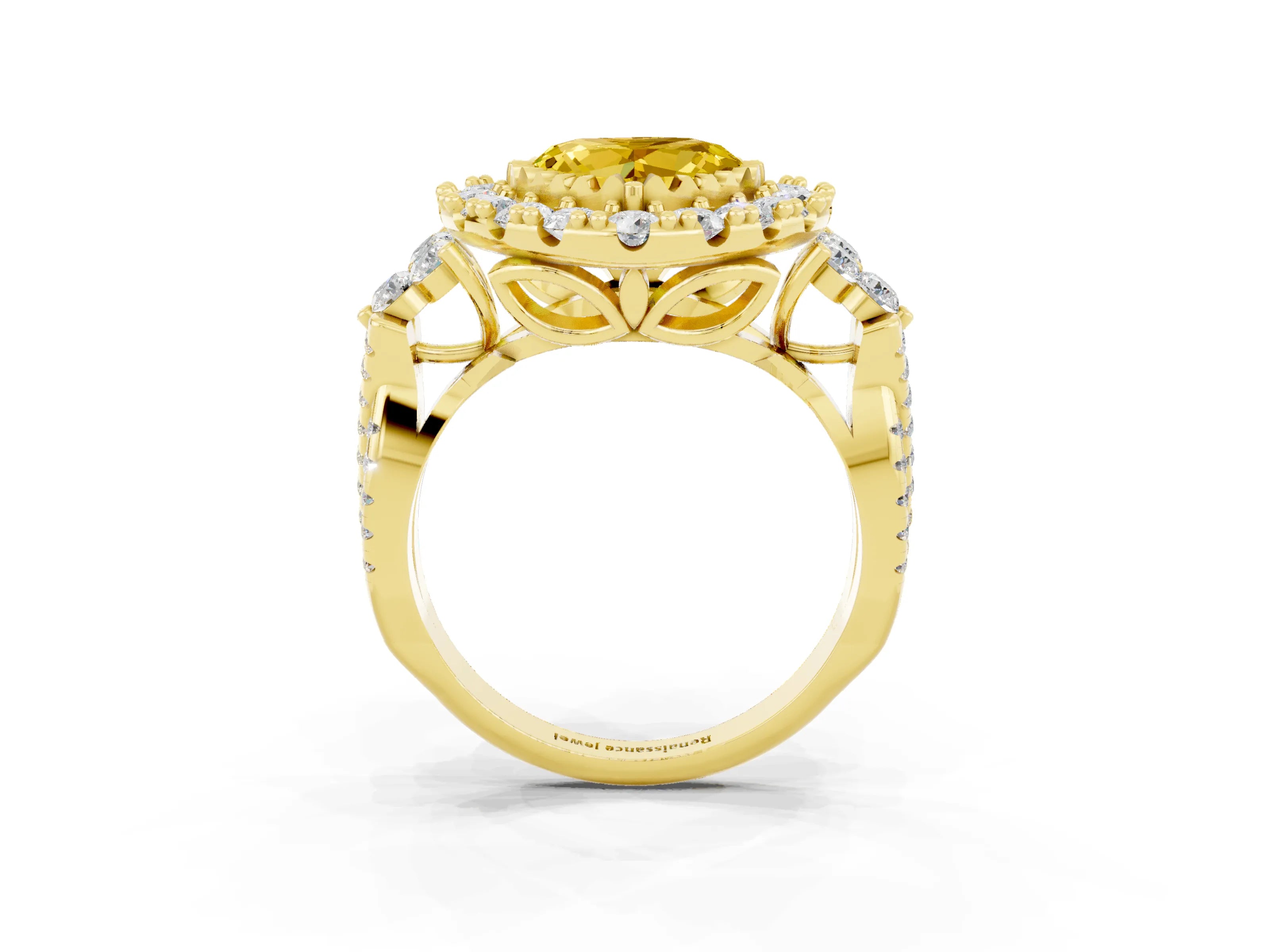 Yellow gold Heart Cut Yellow Sapphire Halo Ring with Pavé Band and Four-Prong Setting_15