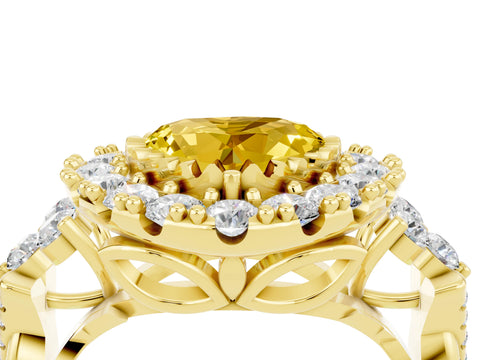 Yellow gold Heart Cut Yellow Sapphire Halo Ring with Pavé Band and Four-Prong Setting_16