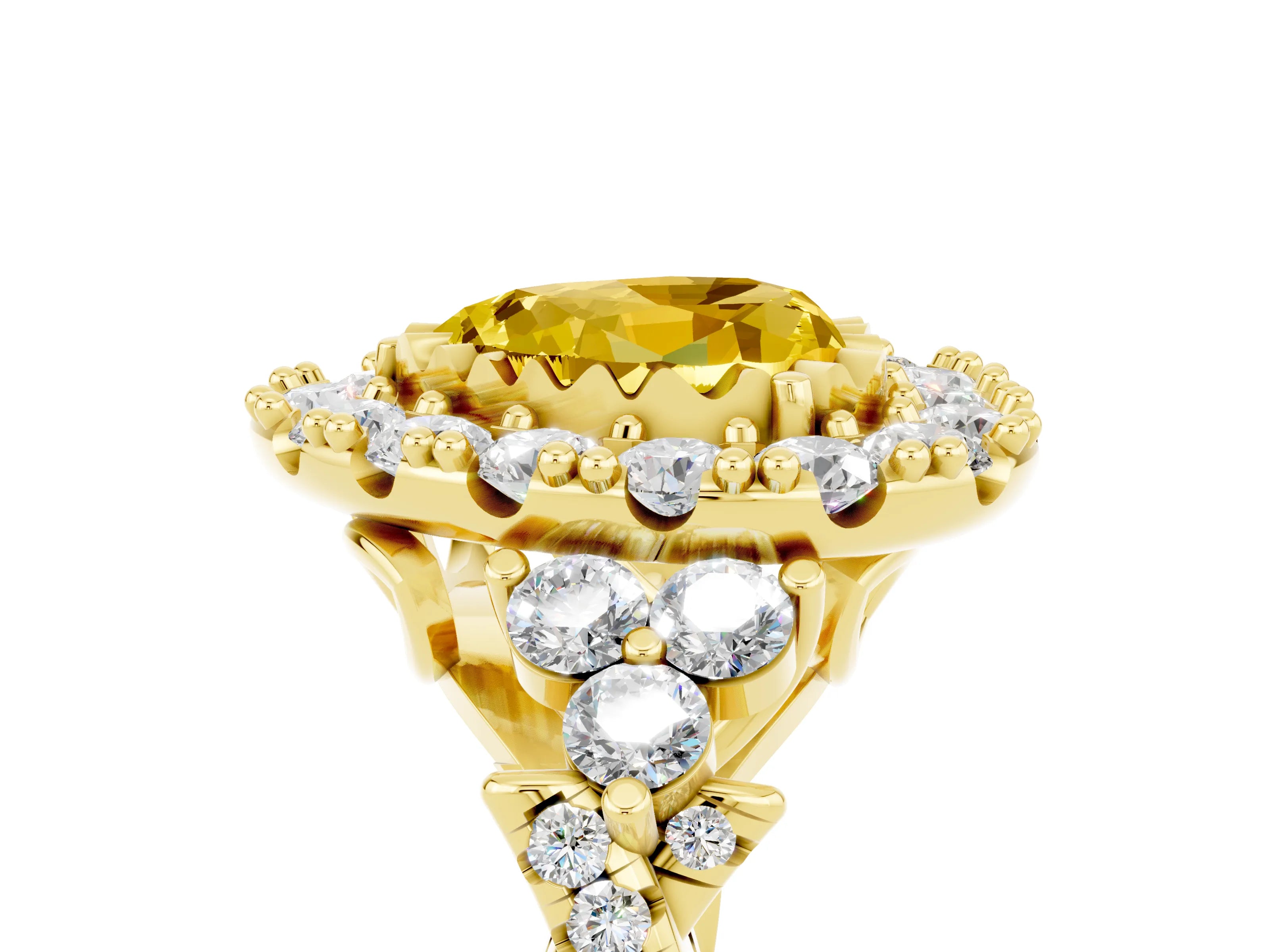 Yellow gold Heart Cut Yellow Sapphire Halo Ring with Pavé Band and Four-Prong Setting_17