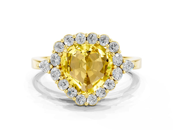 Yellow gold Heart Cut Yellow Sapphire Halo Ring with Pear Side Stones and Prong Setting