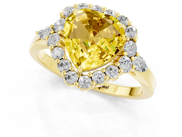 Yellow gold Heart Cut Yellow Sapphire Halo Ring with Pear Side Stones and Prong Setting